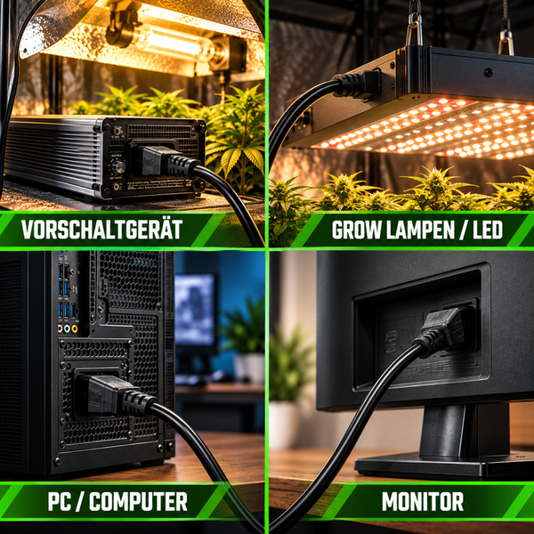 Vierfachcollage zeigt ein Vorschaltgerät, LED Grow Lampe, Computer und Monitor, jeweils mit Stromkabelanschluss für elektrische Geräte.