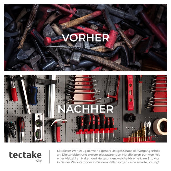 Werkzeuglochwand tectake  120 x 3 x 60 cm dreiteilig, aus Stahl schwarz/rot