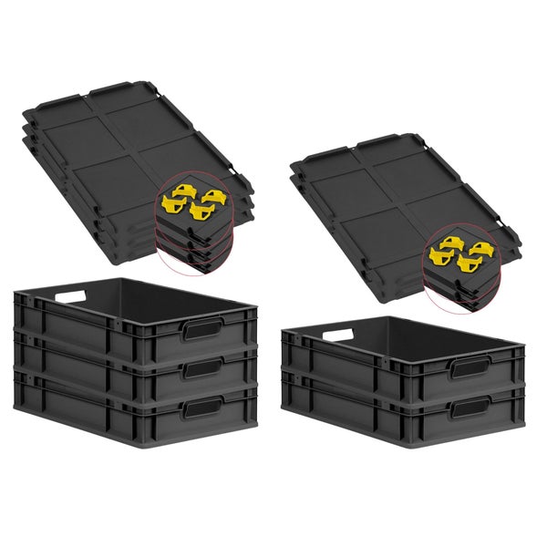 PROREGAL SparSet 5x Eurobox NextGen Grip mit Auflagedeckel inkl. 4 gelben Schiebeschnappverschlüssen, HxBxT 12x40x60cm, 23 Liter, Schwarz, Griffe offen, Eurobehälter, Transportbox, Transportbehälter, Stapelbehälter