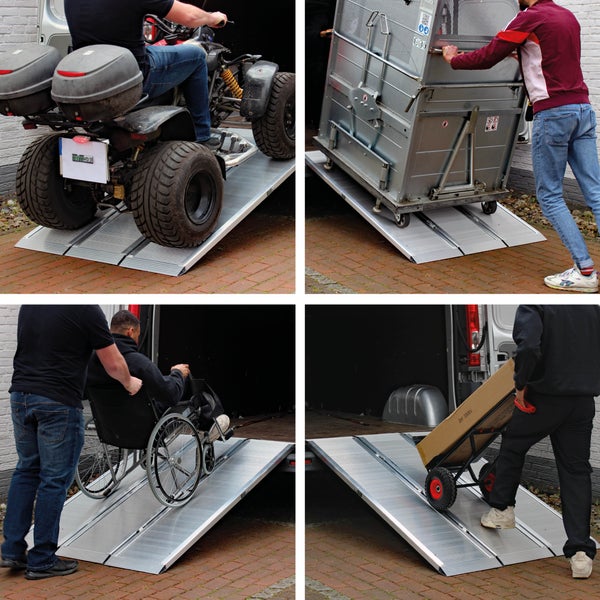 Mehrfachansicht von Personen, die einen Quad, eine Kühltheke, einen Rollstuhl und einen Wagen mit einer Aluminiumrampe in einen Transporter schieben