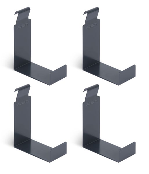 Set mit vier Werkzeughaken für Lochwände zur Wandbefestigung aus Metall mit Alberts Logo