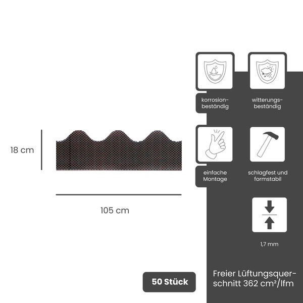 Wellenförmige Belüftungsleiste, 105 Zentimeter lang, 18 Zentimeter hoch, 1,7 Millimeter dick. Korrosionsbeständig und wetterfest. 50 Stück.