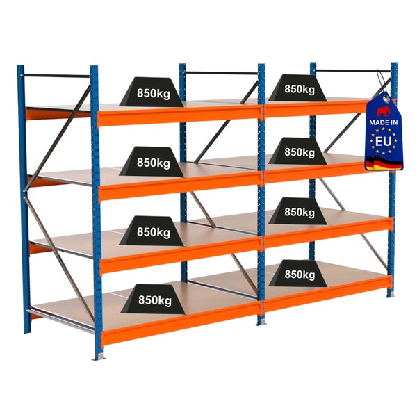 Schwerlastregal mit acht Gewichten von je 850 kg und dem Siegel Made in EU