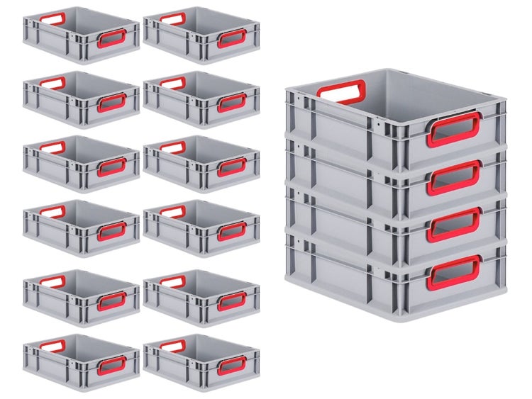 PROREGAL Spar Set 16x Eurobox Nextgen Color HxBxT 12 x 30 x 40 cm 11 Liter Griffe Rot Offen Glatter Boden Eurobehälter Transportbox