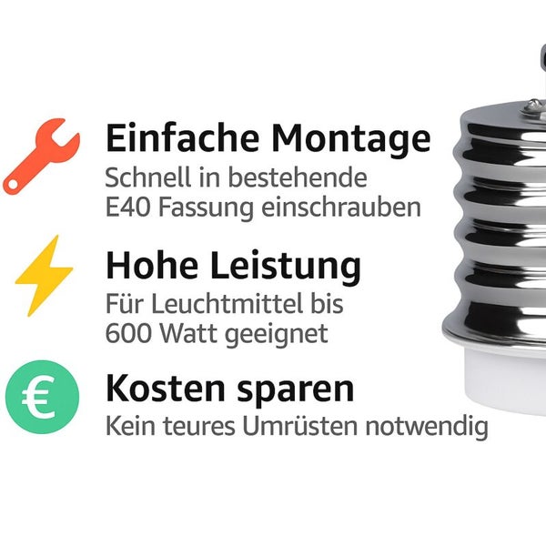 Einfache Montage der Leuchte in E40 Fassung mit hoher Leistung bis 600 Watt zum Kosten sparen.