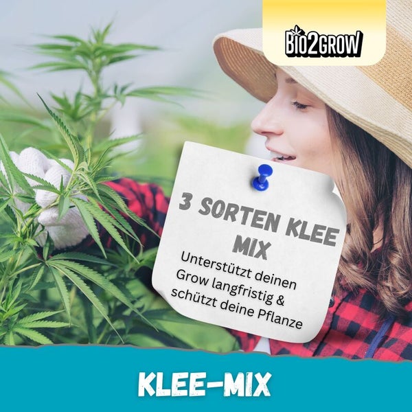 Bio2Grow Logo. Frau mit Gartenhut und Gartenhandschuhen bei der Pflanzenpflege. Notizzettel mit Informationen zum Klee-Mix.