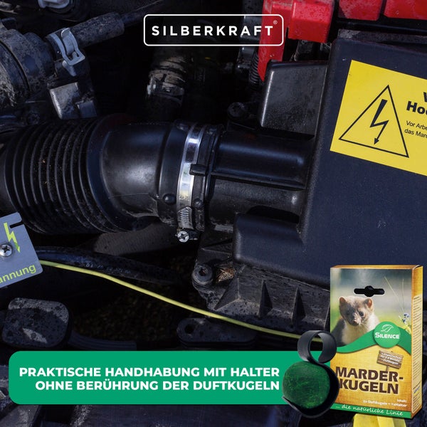 Silence Marder-Duftkugeln zur Marderabwehr im Auto, schützt Motorraum vor Marderschäden an Kabeln, Schläuchen und Dämmung, für PKW, Transporter, inkl. Halter, Langzeitschutz, 2er-Set