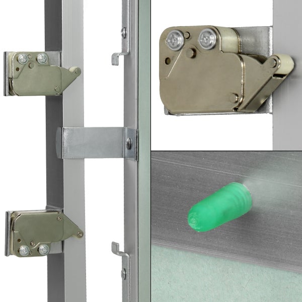 Detailansicht eines Druckverschlusses aus Metall für Revisionstüren mit Rahmenmontage und grünem Pufferelement.