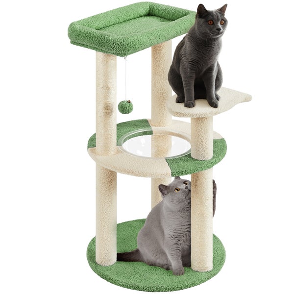 Katzenkratzbaum mit mehreren Ebenen und zwei Katzen