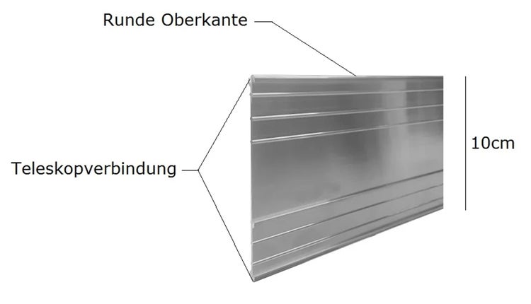 Metallprofil mit runder Oberkante und Teleskopverbindung für den Gartenbau, 10 Zentimeter hoch.