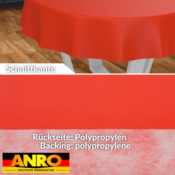 Rote, abwaschbare Tischdecke aus Polypropylen auf rundem Tisch mit Nahaufnahmen der Schnittkante, Struktur und Rückseite sowie ANRO Logo.