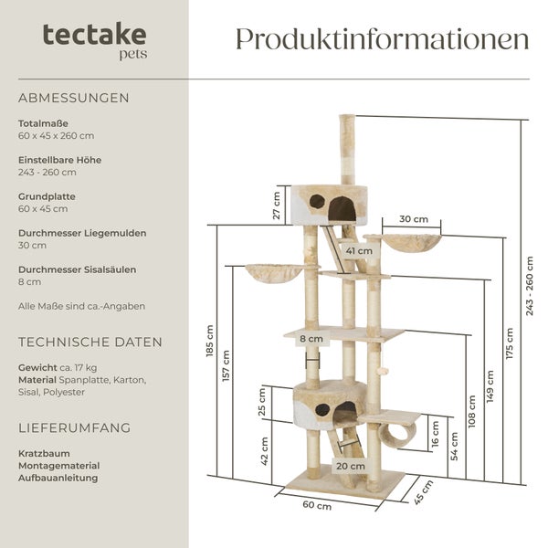 Kratzbaum tectake Hansi inklusive 2 Treppen, 2 Spielbällen, Deckenspanner und Kippschutz 243 bis 260 cm beige/weiß