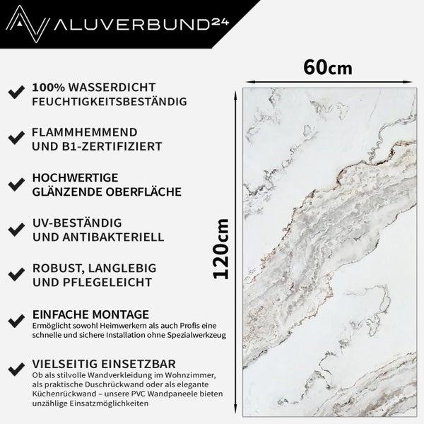 Aluverbund24 Logo, 100 Prozent wasserdicht feuchtigkeitsbeständig, flammhemmend und B1-zertifiziert, hochwertige glänzende Oberfläche, UV-beständig und antibakteriell, robust, langlebig und pflegeleicht, einfache Montage, vielseitig einsetzbar, PVC Wandpaneel, 120 x 60 Zentimeter