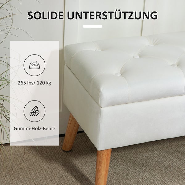HOMCOM Sitzbank mit Stauraum, Polsterbank mit Deckel, Bettbank mit Samtoptik, für Flur Schlafzimmer Wohnzimmer, Gummiholz 80 x 35 x 40 cm Weiß