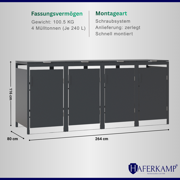 Haferkamp Vierer-Mülltonnenbox für vier 240-Liter-Tonnen mit Maßen 264 mal 80 mal 116 Zentimeter und Gewicht von 100,5 Kilogramm.