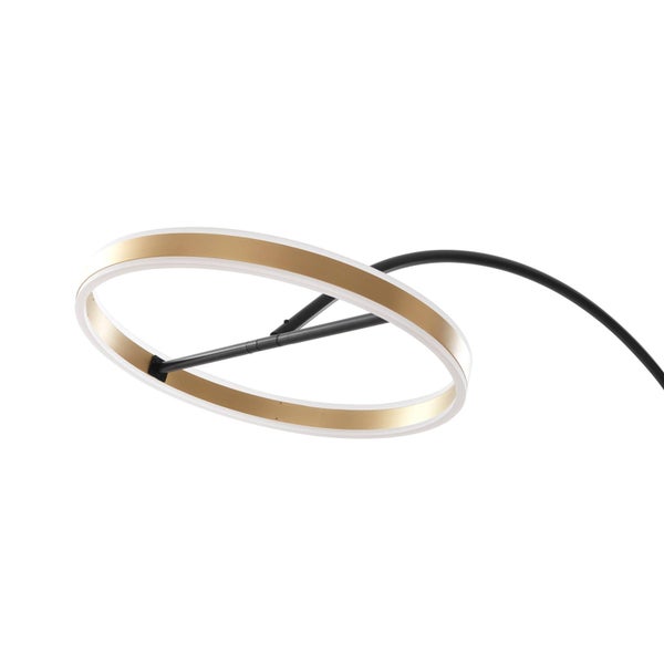 Kreisförmiger LED-Stehleuchtenkopf in Gold mit weißem Diffusor und gebogenem schwarzem Arm.