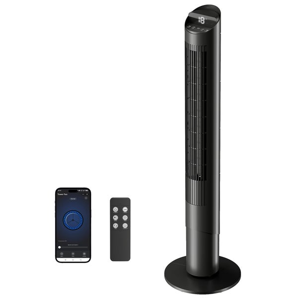 Schwarzer Turmventilator mit digitalem Display, Fernbedienung und App-Steuerung über ein Smartphone.