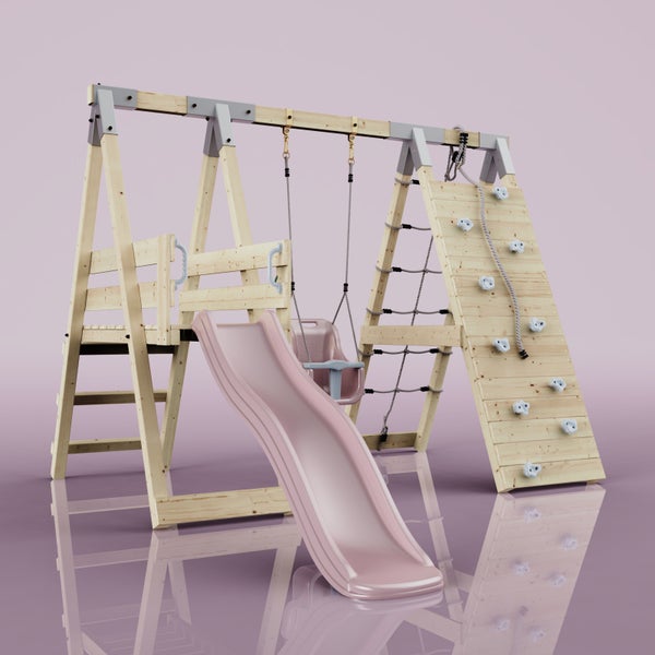 Große Olivenbäume Olea europaea in Pflanztöpfen auf Holzpaletten im hellen Außenbereich eines Gartencenters auf Kiesuntergrund.