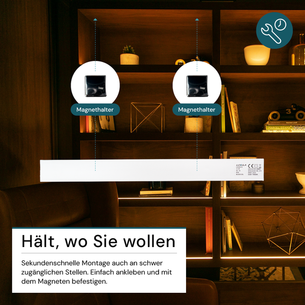 LED Leuchte mit magnetischer Halterung vor Bücherregal