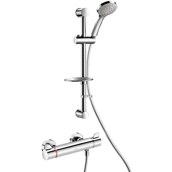 Duschset bestehend aus Thermostat-Armatur, verchromter Brausestange mit Seifenschale, Handbrause und flexiblem Brauseschlauch.