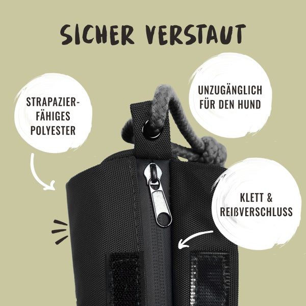 Detailansicht einer Hundetasche mit Reißverschluss, Klettverschluss und strapazierfähigem Polyester.
