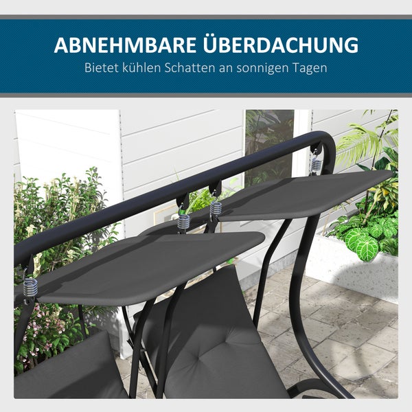 Abnehmbare Überdachung einer Gartenschaukel mit dunkelgrauem Stoff und Metallfedern für kühlen Schatten.