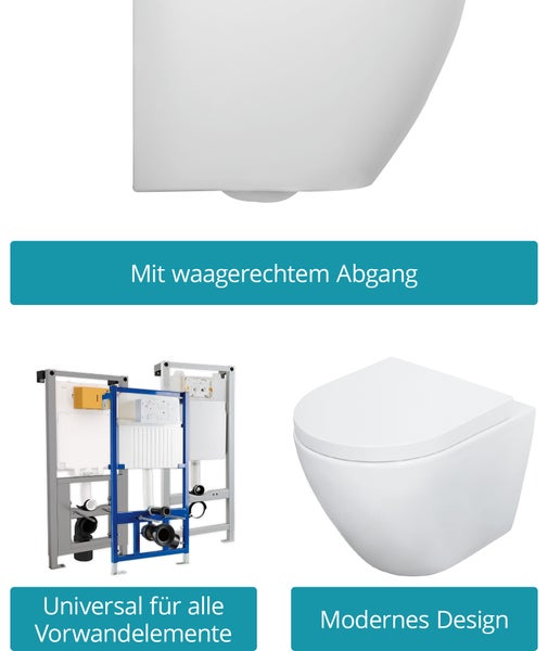 Calmwaters® Wand WC spülrandlos Weiß, mit WC-Sitz, Raumspar WC: 45 cm Ausladung, mit Absenkautomatik, Tiefspüler, Hänge WC, Wandmontage, Sanitärkeramik, 08AB6159