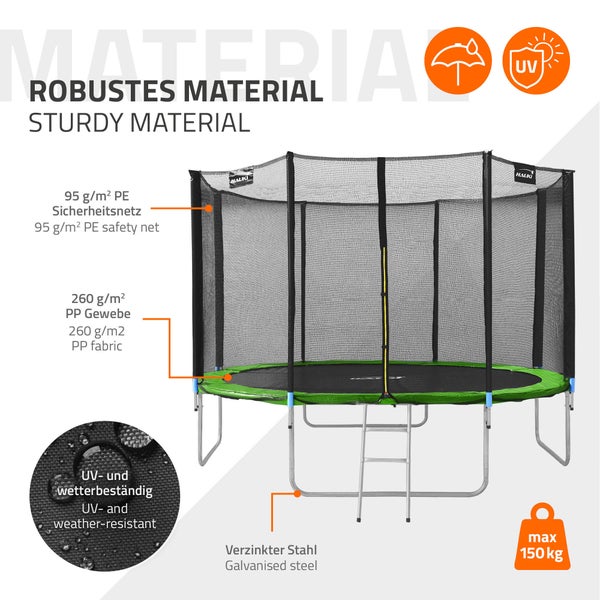 Hauki Trampolin Outdoor, Ø427 cm, Grün, GS geprüft, Rundes Gartentrampolin für Kinder bis 150 kg, Komplettset mit Sicherheitsnetz, Leiter, Randabdeckung, Gepolsterte Stangen, Stabile Kindertrampolin