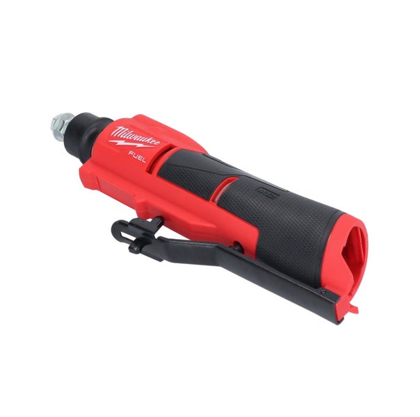 Milwaukee M12 FUEL Akku-Geradschleifer mit ergonomischem Handgriff und Sicherheitsschalter.
