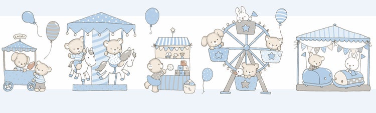 Illustration eines Kinderfestes mit Karussell, Riesenrad und Spielbuden