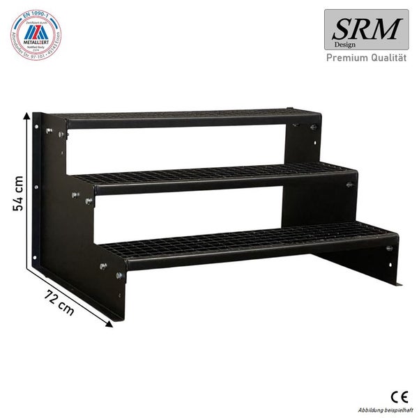 3-stufige Metalltreppe mit Gitterroststufen, Höhe 54 Zentimeter, Tiefe 72 Zentimeter, SRM Design Logo, EN 1090-1 zertifiziert, CE-Kennzeichnung.