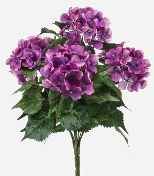 Künstliche Hortensie mit violetten Blüten und grünen Blättern.