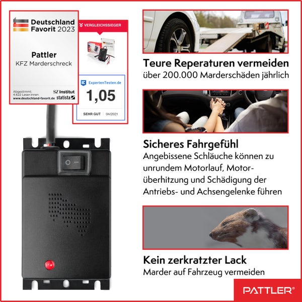 PATTLER® Marderschreck Auto Anschluss an 12V Autobatterie | Effektive Marderabwehr für Auto - mit Ultraschall | Sofortiger & Langfristiger Marderschutz für Auto im Motorraum