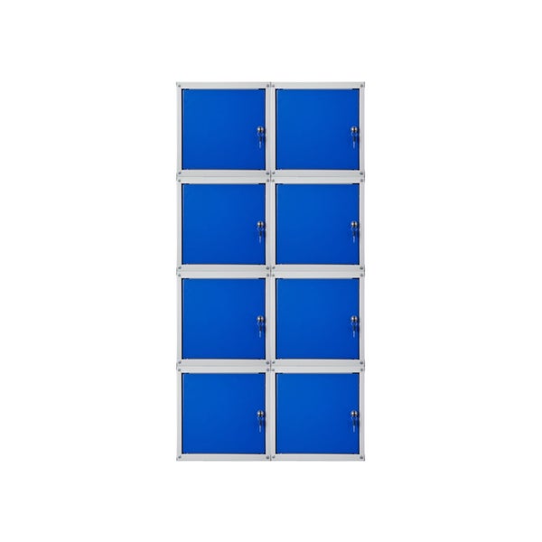 Schließfachschrank aus Metall mit acht blauen abschließbaren Türen.