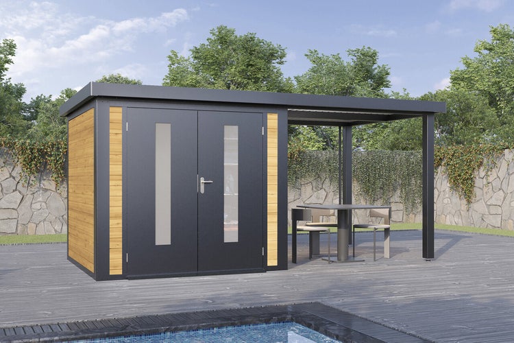 Modernes Gartenhaus mit Flachdach, Doppeltür mit Glaseinsätzen und integriertem Terrassendach auf einer Terrasse am Pool.