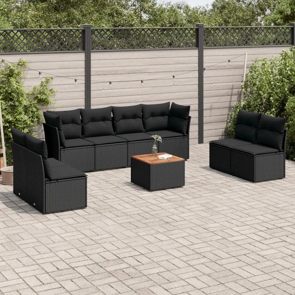 9-tlg. Garten-Sofagarnitur mit Kissen Schwarz Poly Rattan