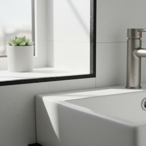 Modernes Badezimmer mit Waschbecken, Armatur in Edelstahloptik, Spiegel mit schwarzem Rahmen und Fensterbrett mit Pflanze.