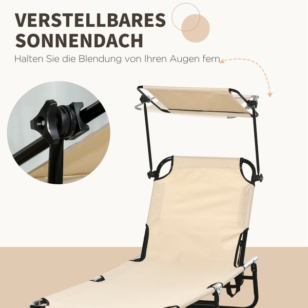 Klappbare Sonnenliege mit verstellbarem Sonnendach und Detailansicht des Verstellmechanismus.