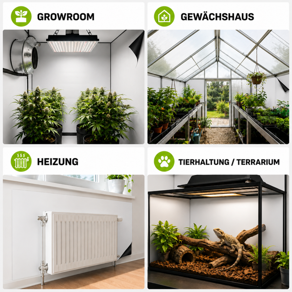 Übersicht von vier Anwendungsbereichen für reflektierende Folien: Growroom, Gewächshaus, Heizkörperverkleidung und Terrarium.