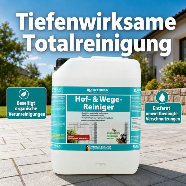 Hotrega Hof und Wege Reiniger im Kanister zur effektiven Beseitigung organischer und umweltbedingter Verschmutzungen auf Stein Oberflächen.