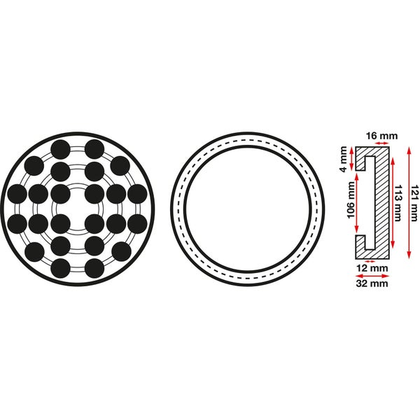 Technische Zeichnung eines runden Rinnendeckels mit Abmessungen: Außendurchmesser 121 Millimeter, Innendurchmesser 106 Millimeter, Tiefe 32 Millimeter.