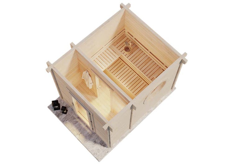 Draufsicht einer Gartenhaus-Sauna aus Holz mit Saunaraum, Vorraum, Sitzbänken und rundem Fenster.