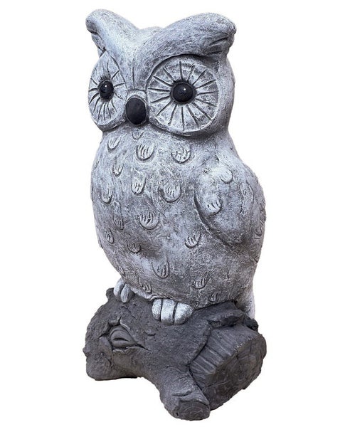 Gartenfigur Eule auf einem Ast sitzend aus grauem Steinguss
