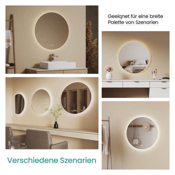 EMKE Badspiegel mit Beleuchtung ф50 cm, 3 dimmbare Lichtfarben, Touchschalter, rostfreies Spiegelglas, schwarzer Eisenrahmen mit Kunstlederband, für Badezimmer