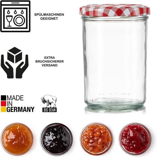 Einmachglas mit rot-weiß kariertem Deckel, spülmaschinengeeignet, bruchsicherer Versand, hergestellt in Deutschland, Big Dean Logo