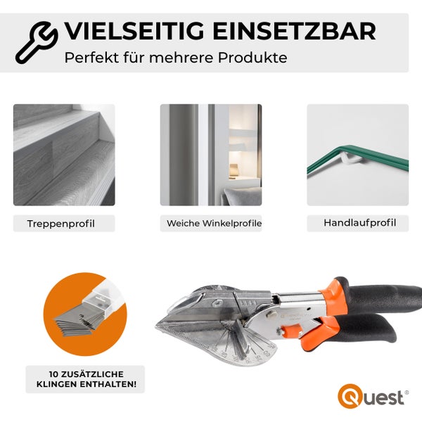 Quest Profilschneider zur vielseitigen Anwendung, inklusive Treppenprofil, Weiche Winkelprofile, Handlaufprofil und zehn zusätzlichen Klingen. Quest Logo.