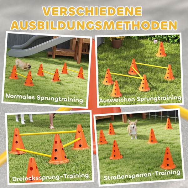 Collage zeigt Trainingsmethoden für Hunde mit orangefarbenen Agility-Kegeln und gelben Stangen als Hürden auf einer Rasenfläche.