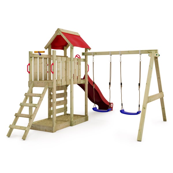 WICKEY Spielturm Klettergerüst MultiFlyer mit Schaukel und Rutsche, Kletterturm mit Sandkasten, Leiter und Spiel-Zubehör - rot