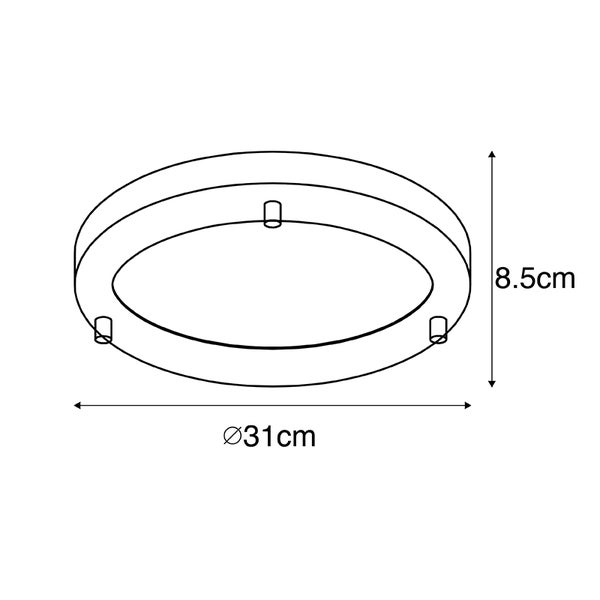 Maßzeichnung einer runden Deckenleuchte mit einem Durchmesser von 31 Zentimetern und einer Höhe von 8,5 Zentimetern.