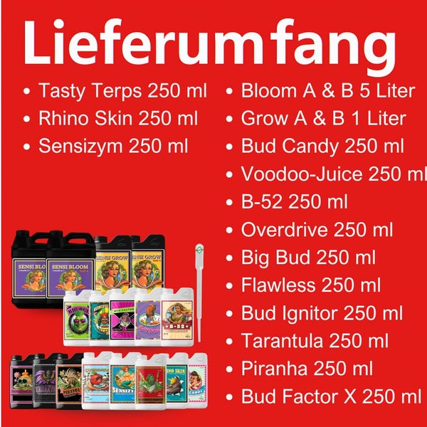 Lieferumfang eines Advanced Nutrients Dünger-Sets mit Produkten wie Bloom, Grow und Bud Candy in Größen von 250 Milliliter bis 5 Liter.